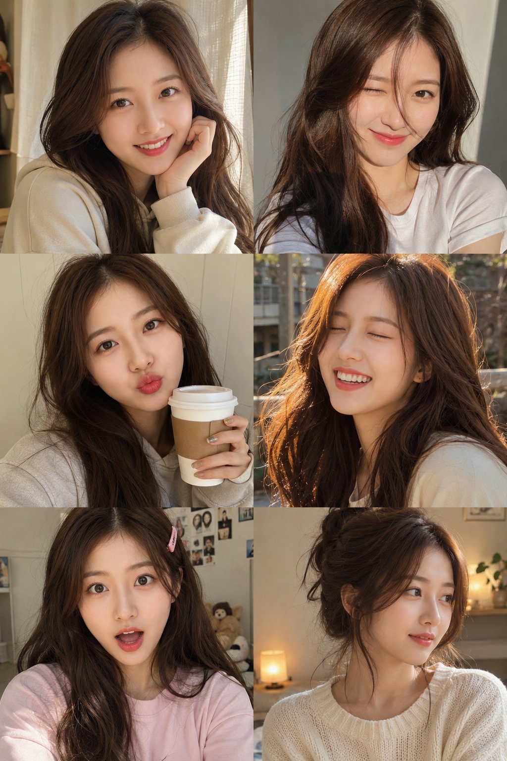 Realistic six-panel girl selfie collage