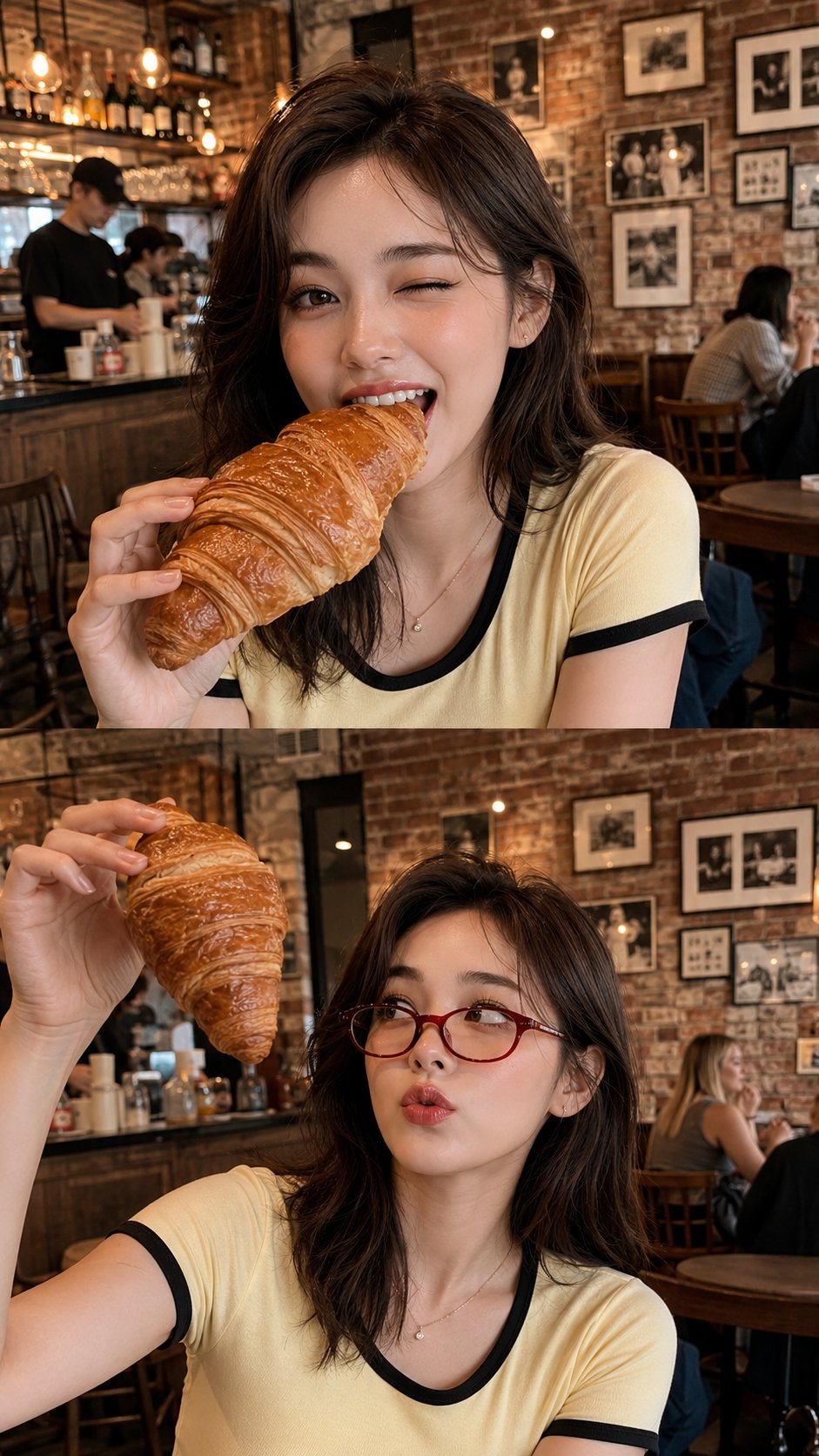 Lifestyle photo of a stylish girl eating a croissant in a café.