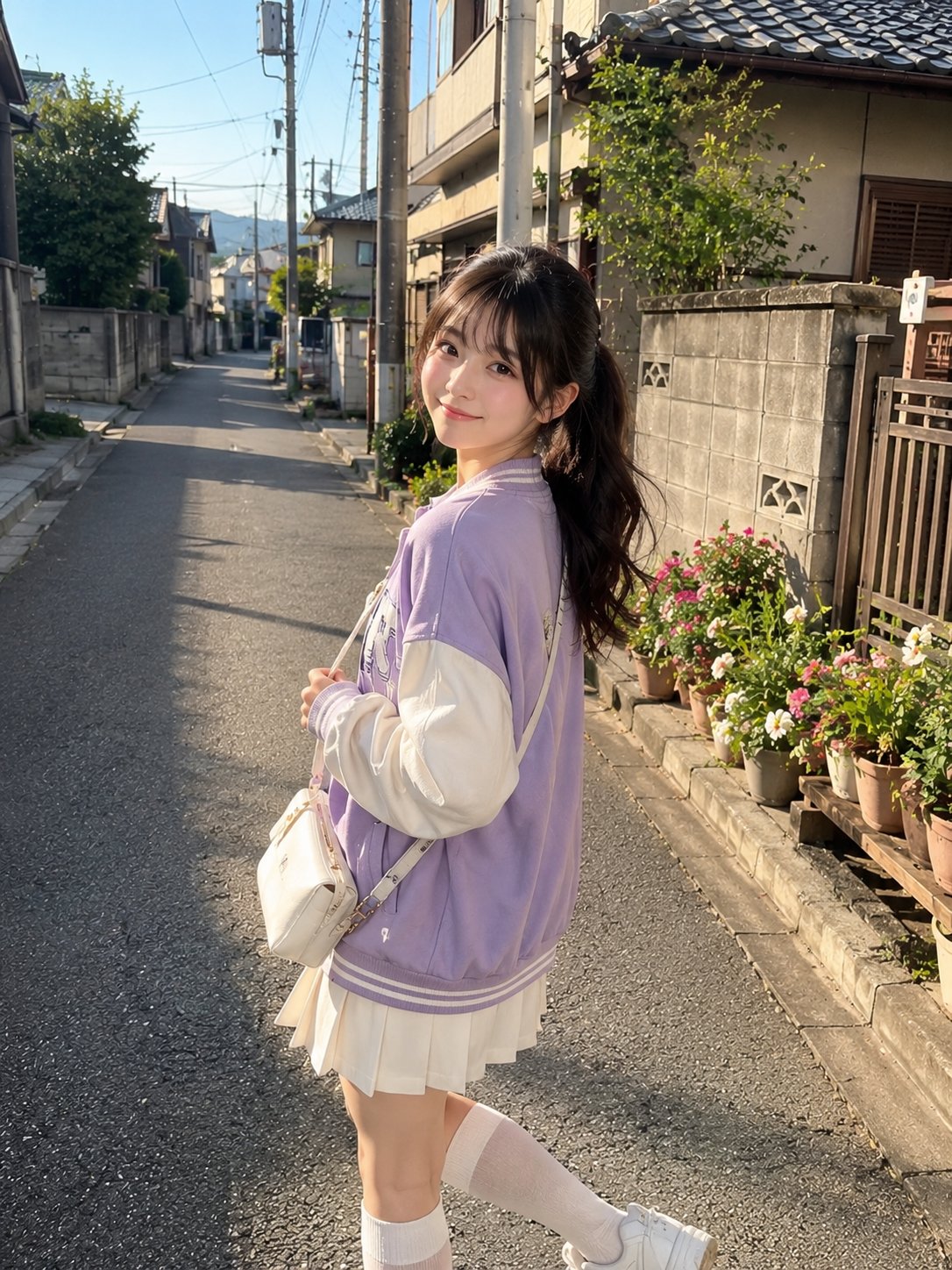 Sunlit street, lilac jacket, cute Japanese-style girl.