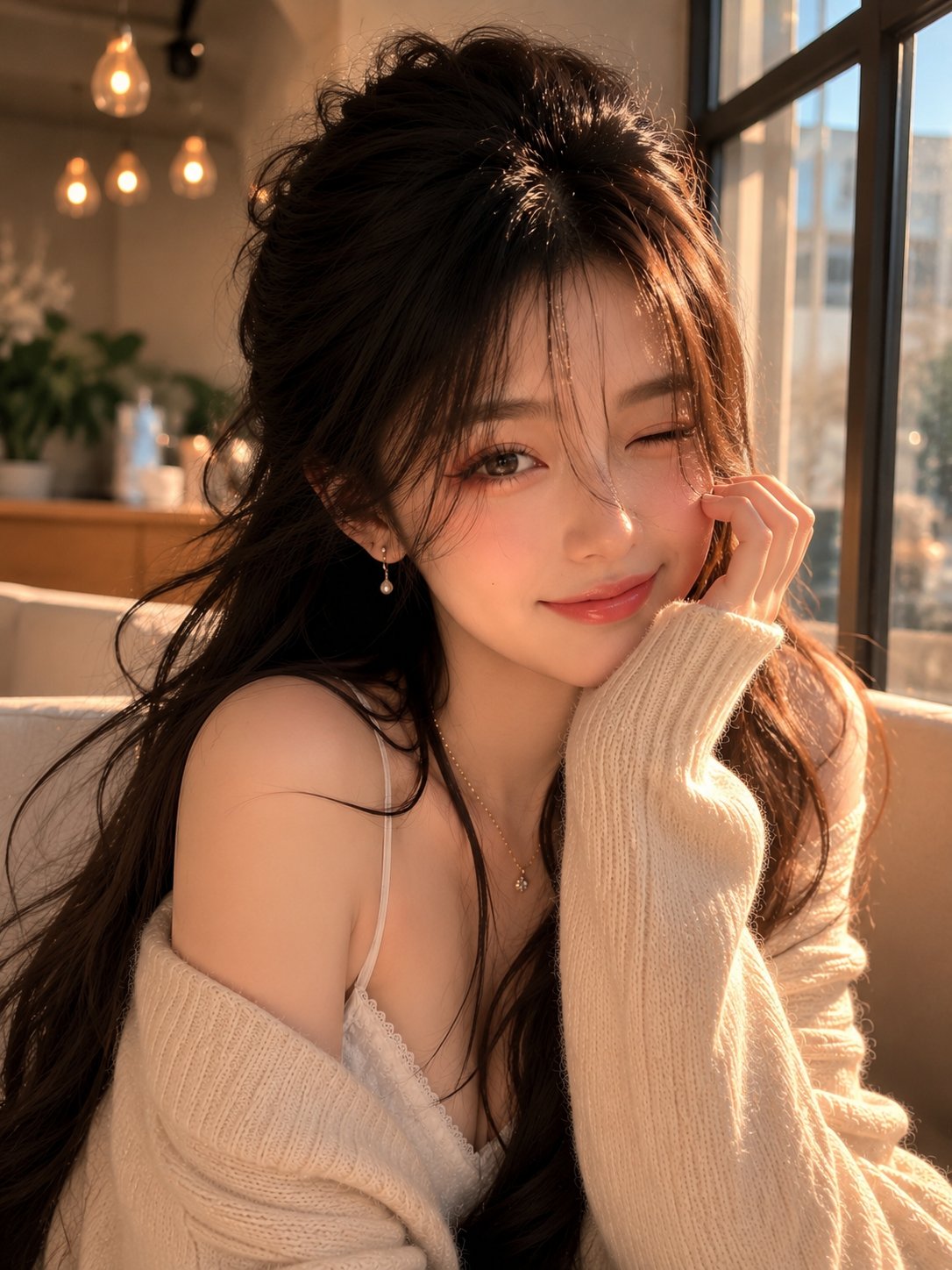 Portrait of an East Asian Beauty in a Red Knit Cardigan Under Golden Glow by the Window