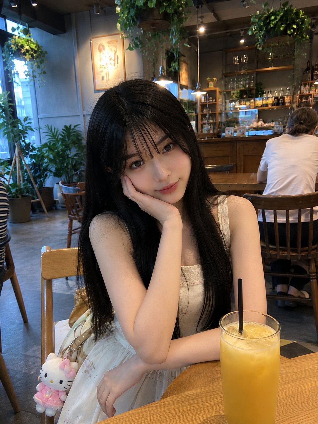 Smartphone Snapshot of a Long-Haired Japanese Girl in a Café