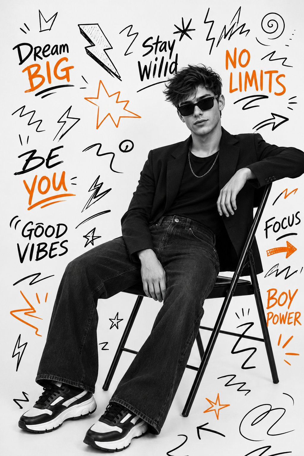 Black-and-White Portrait Orange Accents Street Graffiti Style Fashion Youth Poster