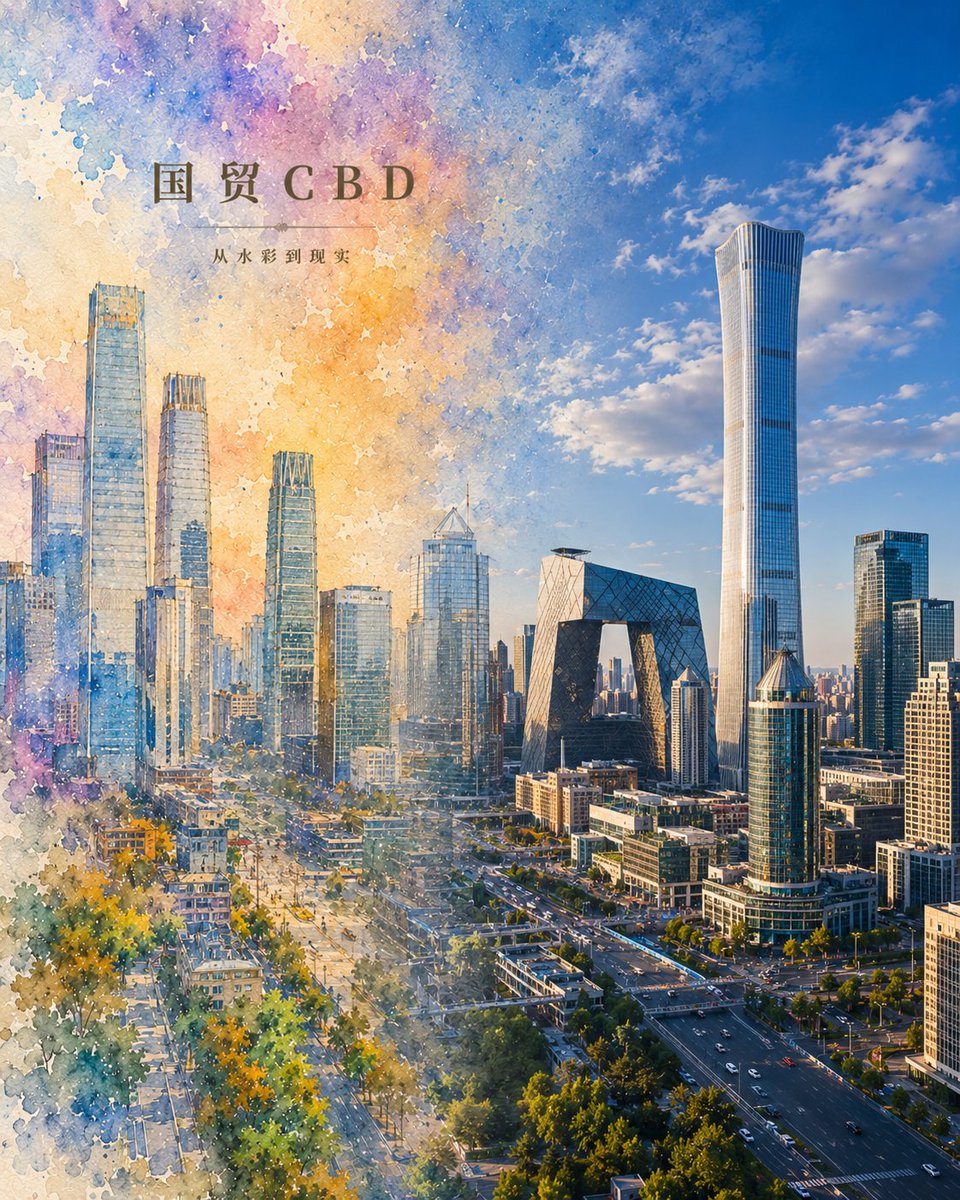 Watercolor Transforming Reality: Beijing CBD Poster