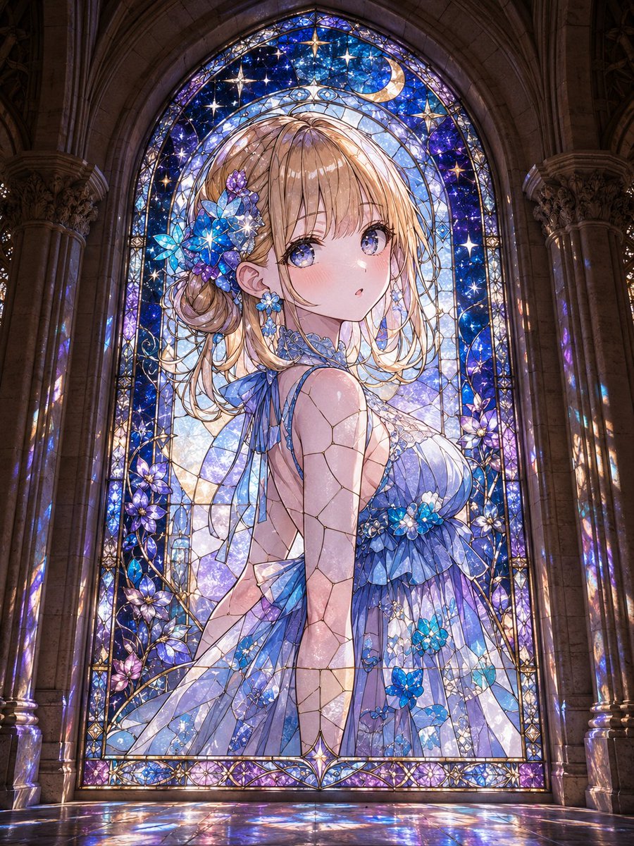Anime girl Gothic church stained glass