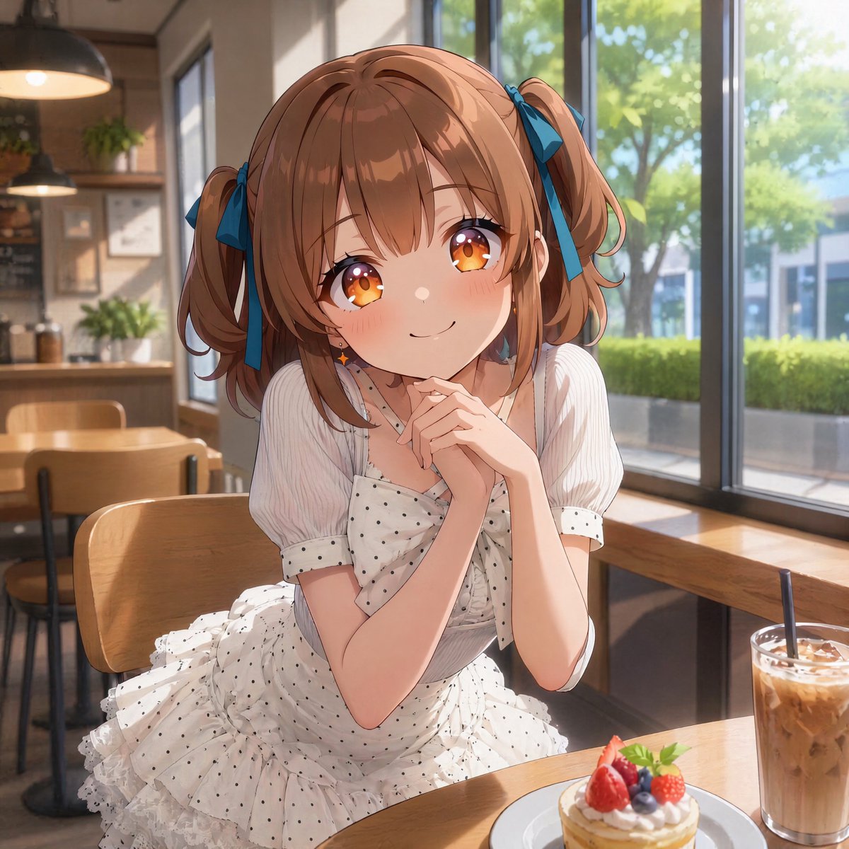 Female anime illustration cafe city cute