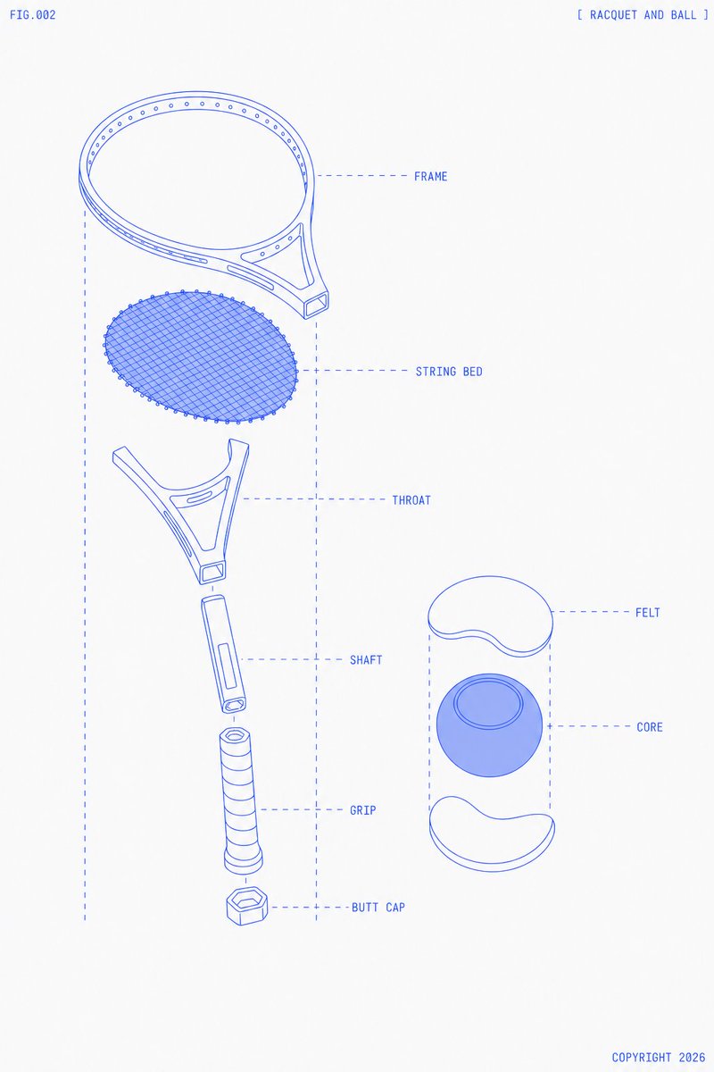 Tennis Racquet Exploded Blueprint
