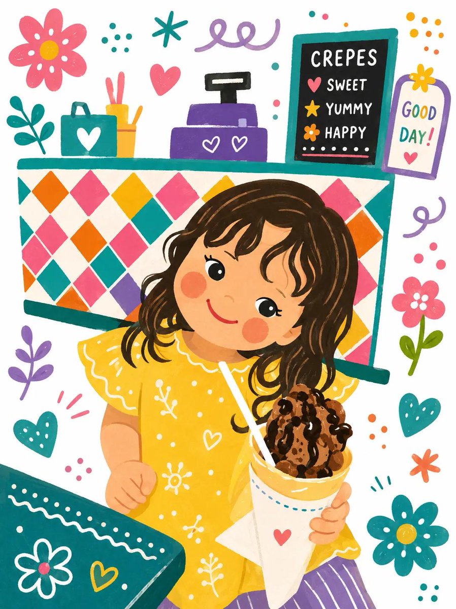 Cute children's book-style crepe illustration.
