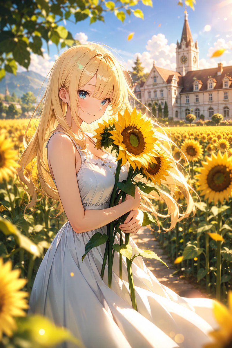 Anime girl in a sunflower field.