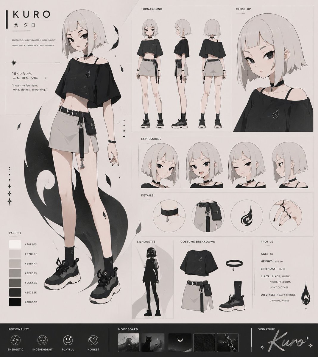 Monochrome VTuber Character Design Sheet