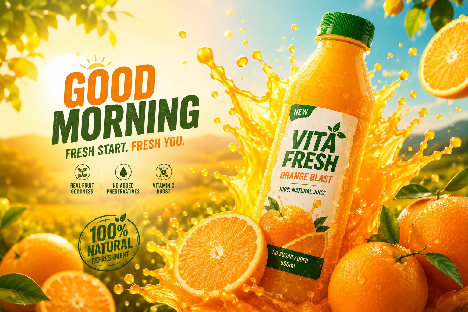 Hyper-realistic High-end Orange Juice Advertising Poster