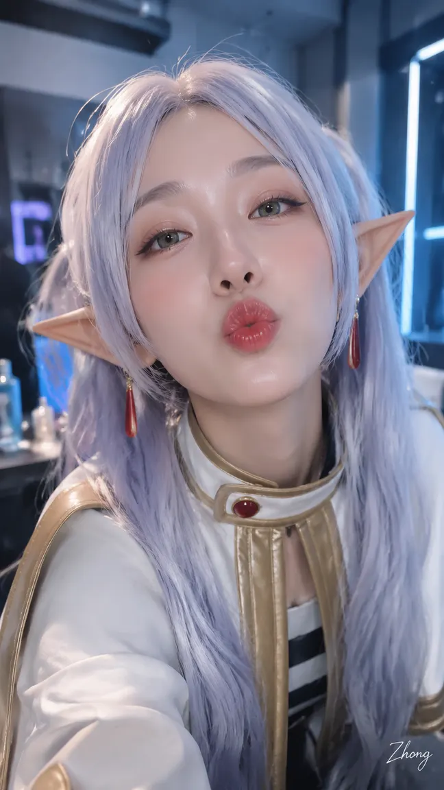 Frieren close-up phone selfie pout kiss face