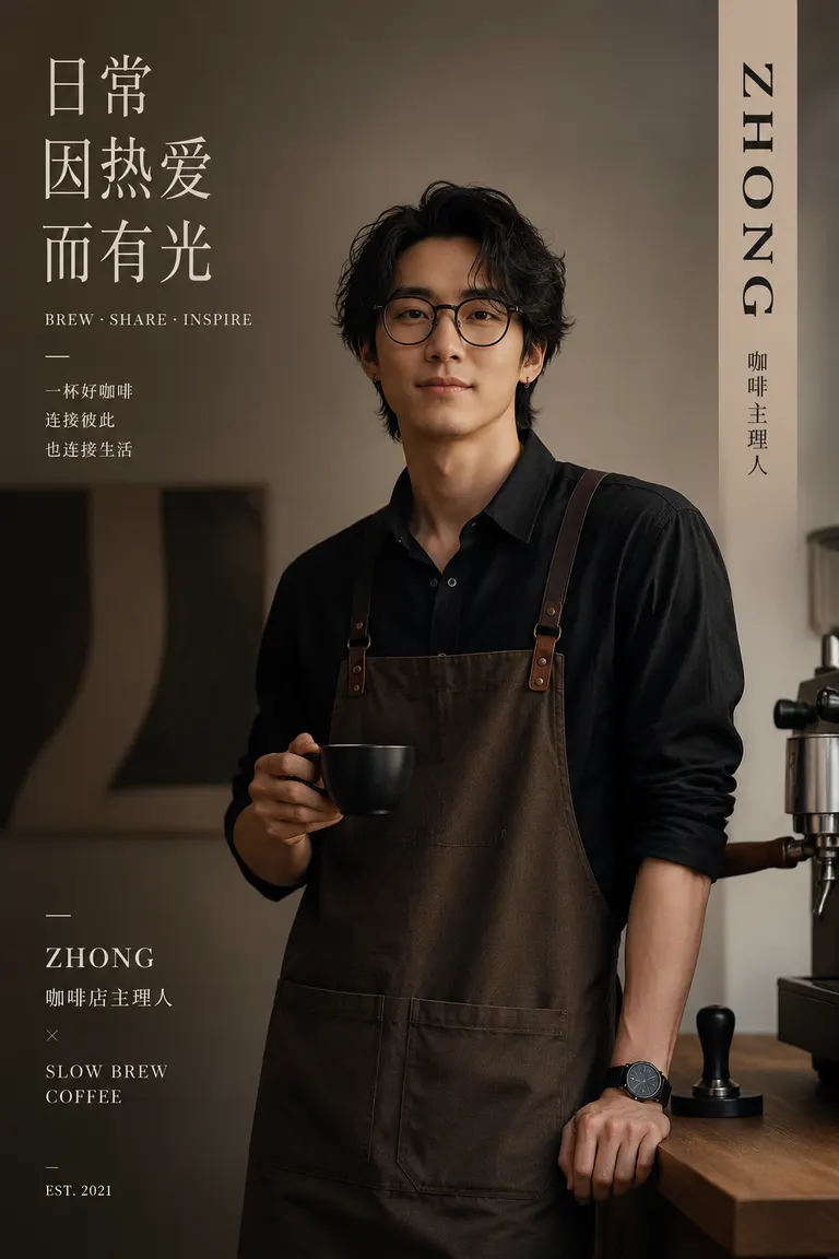 Portrait Photography and Character Consistency Visual Director · Character Poster Coffee Shop Owner Portrait