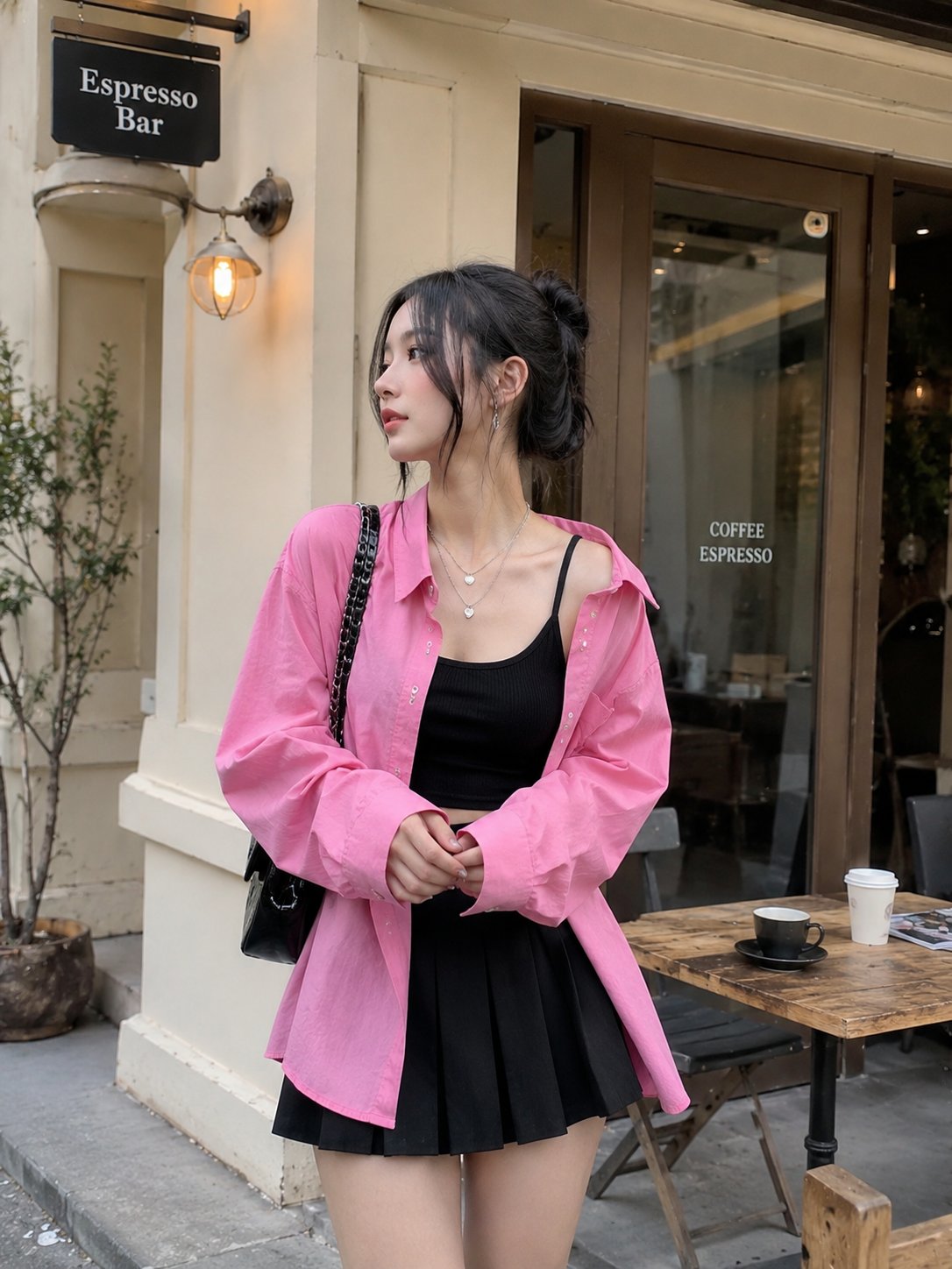 Candid shot of a black pleated mini skirt