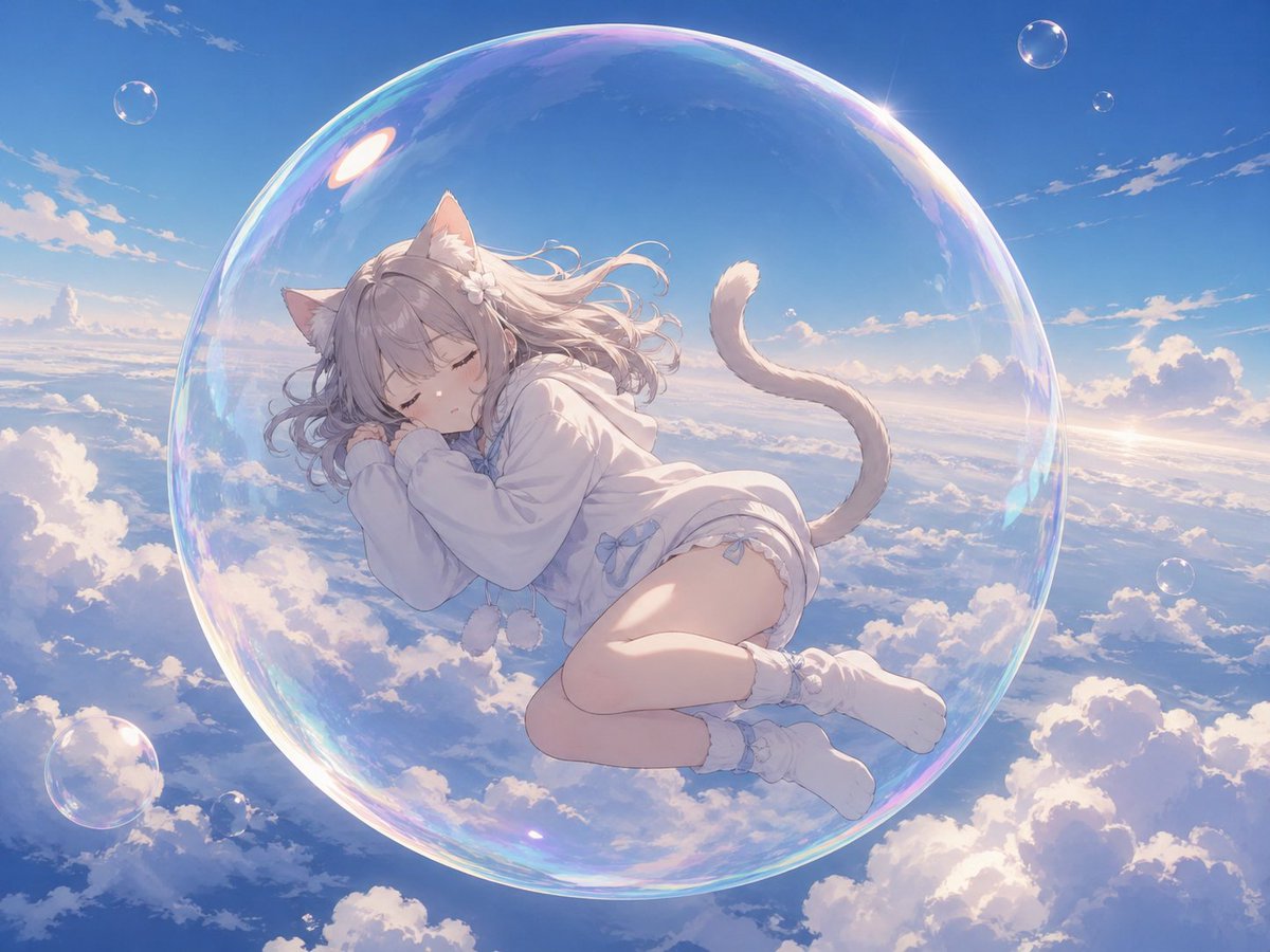 Bubble cat sleeping in the sky