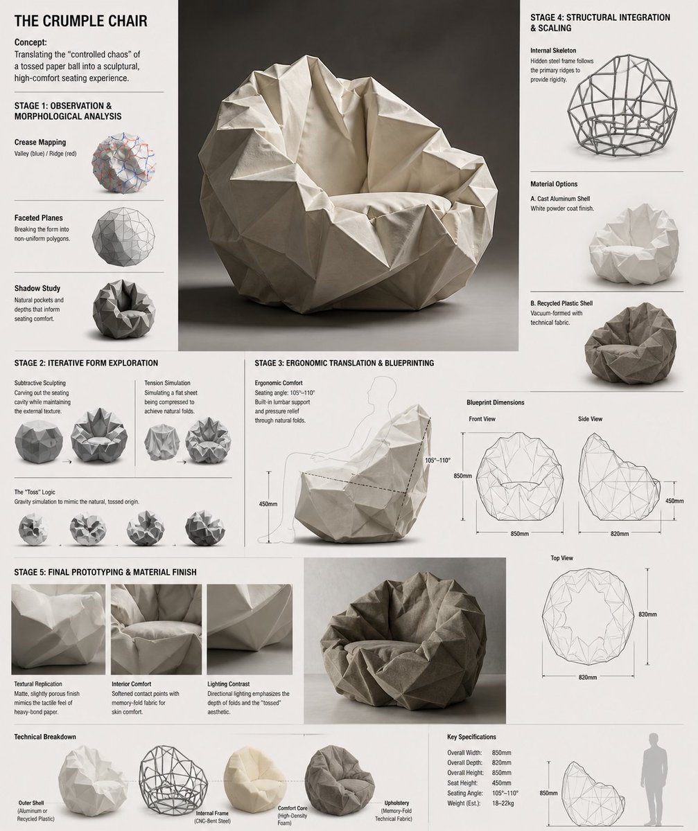 Crumpled paper furniture concept design
