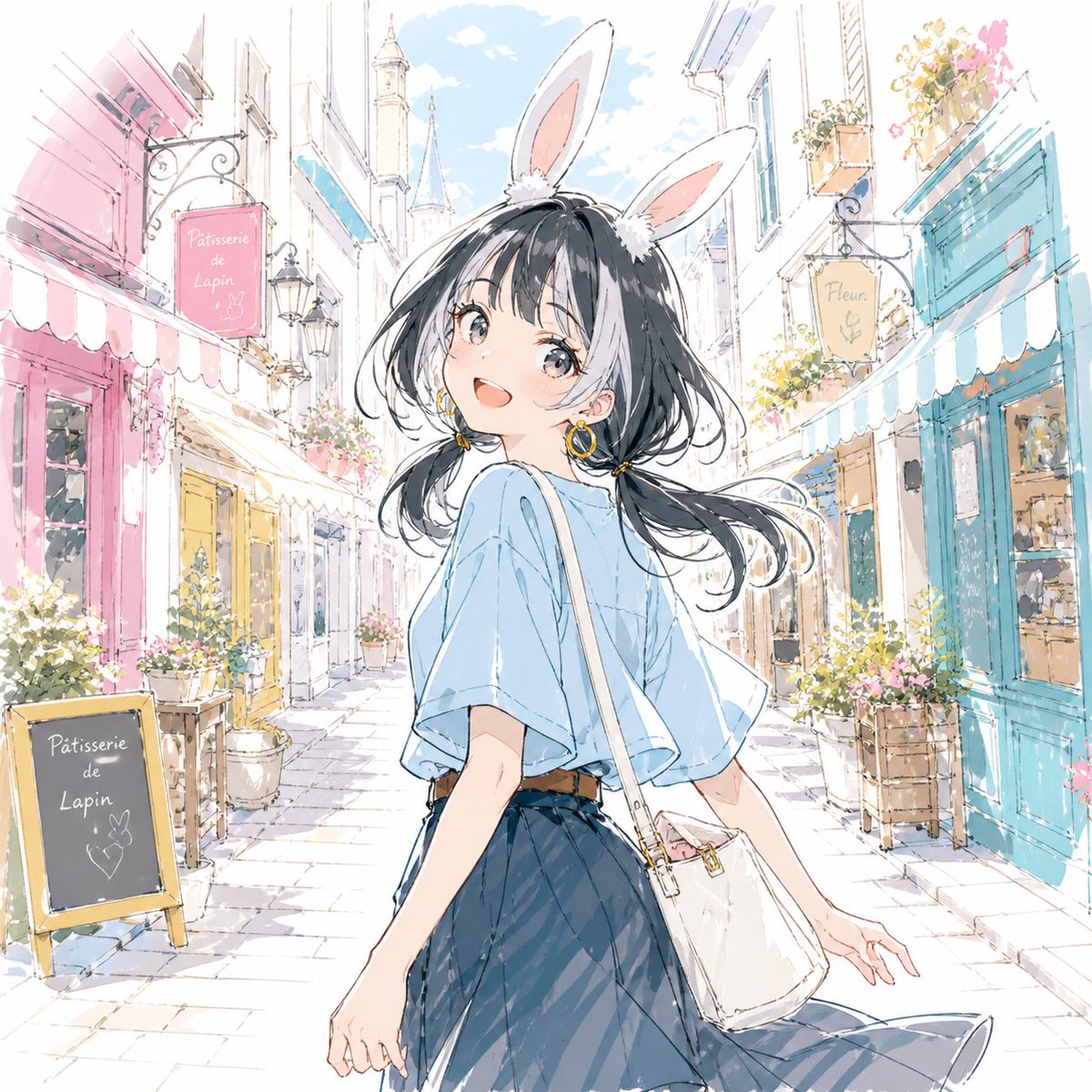 Girl anime illustration, street, dreamy atmospheric mood
