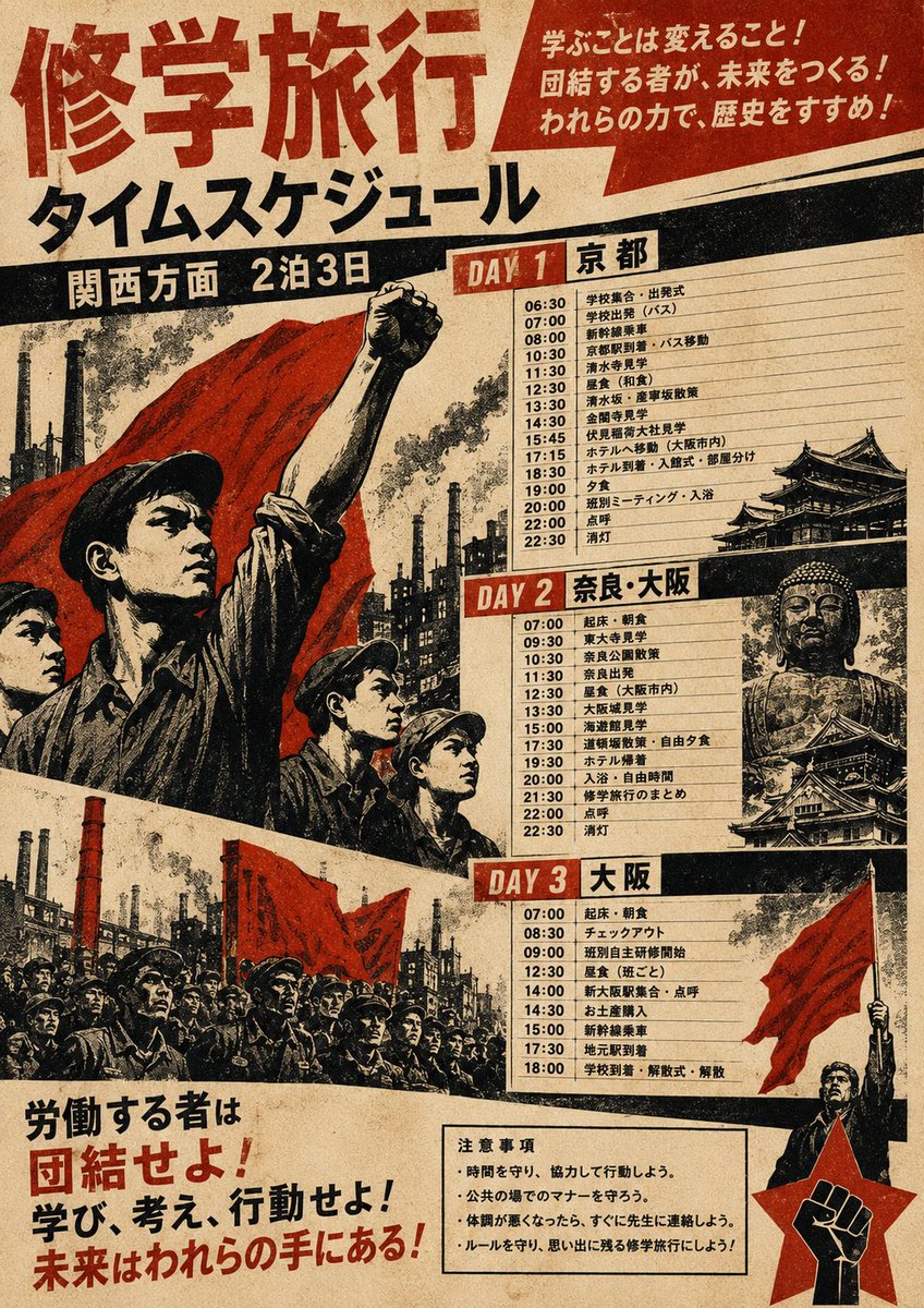 Propaganda style school trip itinerary poster