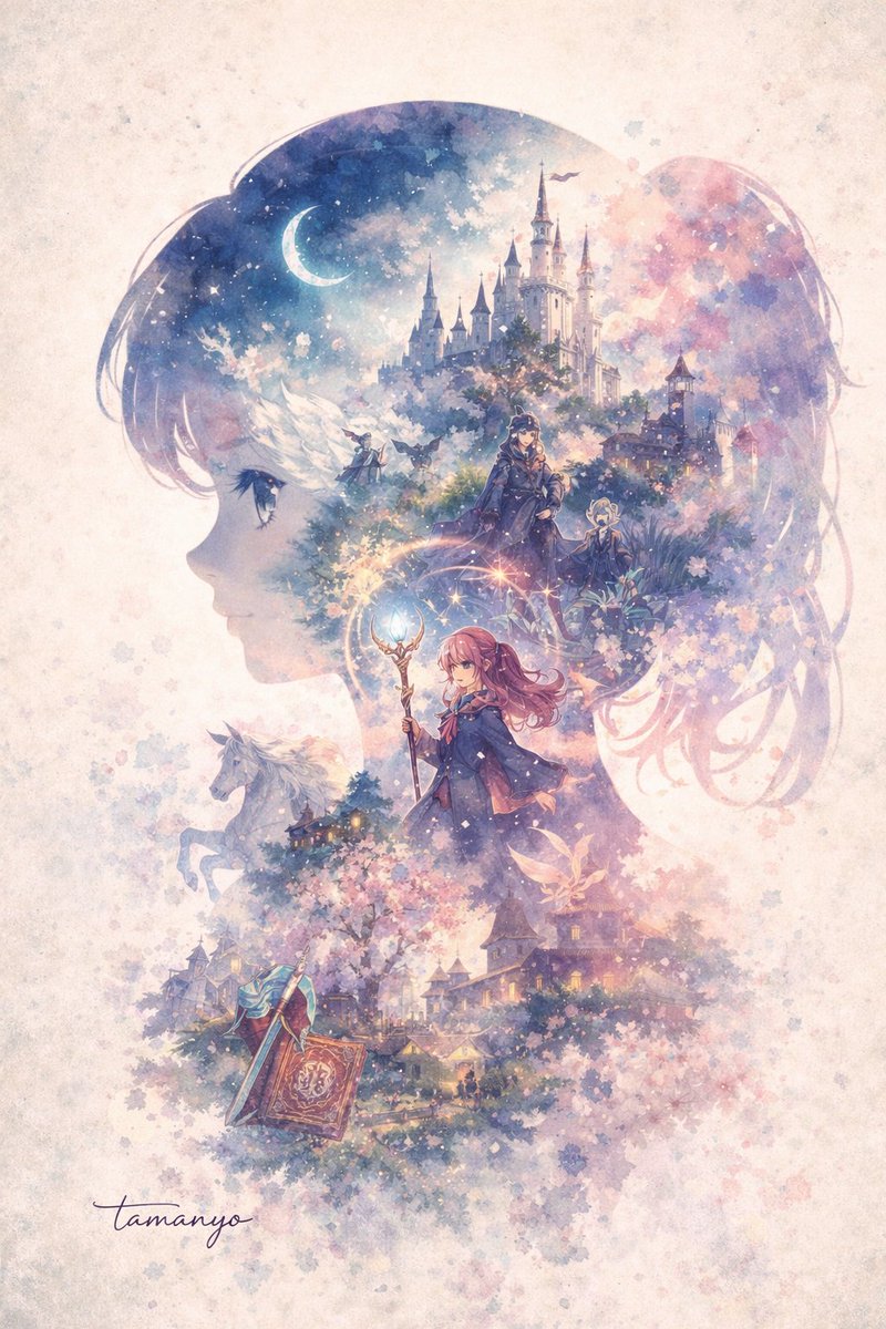Girls' anime illustration, dreamy forest